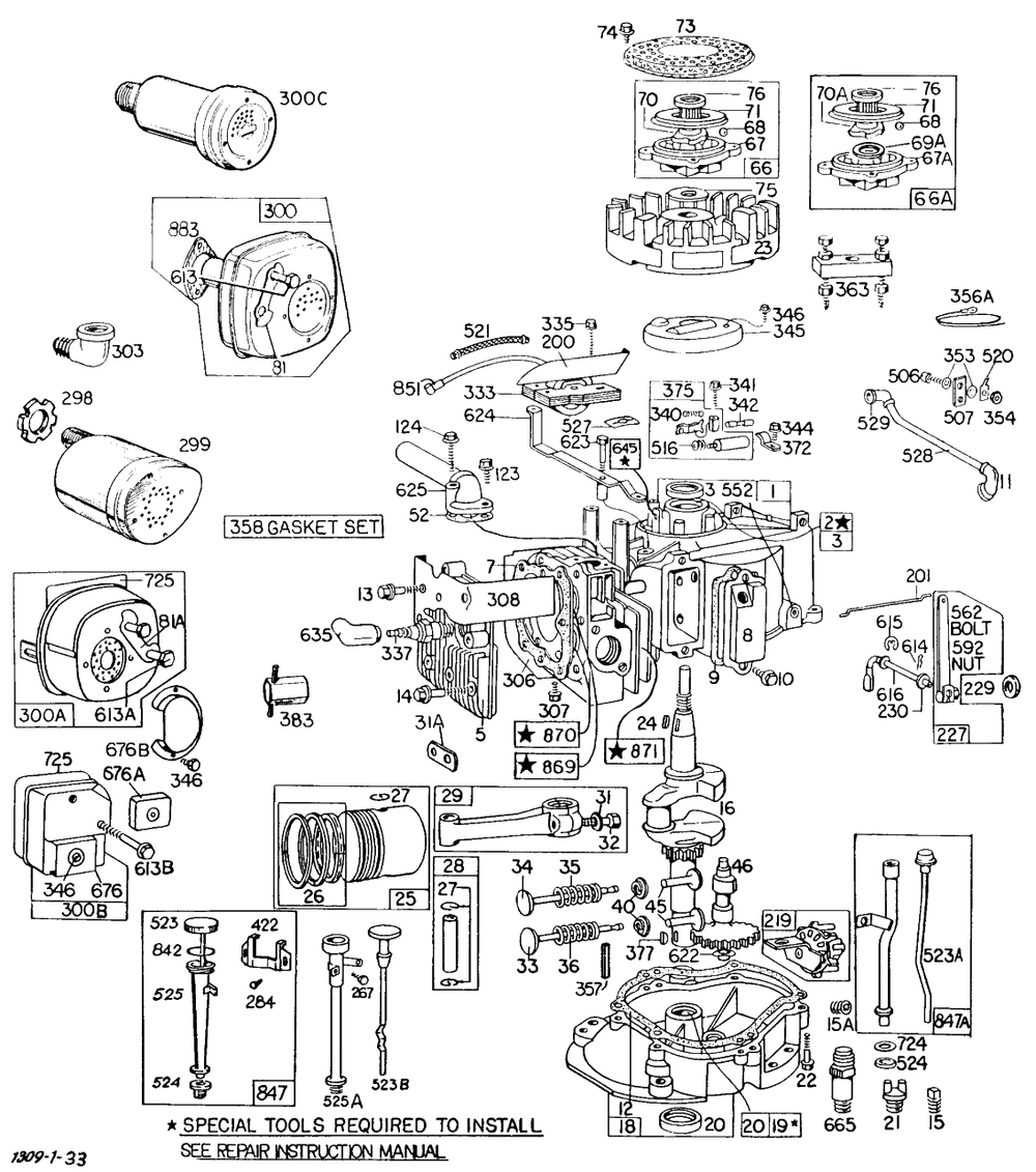 Cyl, Mufflers, Piston, Sump Diagram and Parts List for 130902-0257-XX  Briggs and Stratton Engine